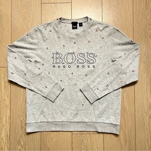 Hugo Boss Crewneck Sweatshirt Grey All Over Letter Logo Print Medium
